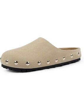 🆕 Women Beige Suede Studded Slip On Mule Clogs Round Toe Platform Flat Shoes